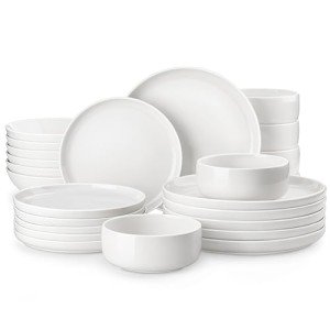 MALACASA Plates and Bowls Sets, 24 Pieces Modern Porcelain Dinnerware Set for 6 Ceramic Dishware Dishes White Kitchen Dinner Dining Ware Set Microwave and Dishwasher Safe, Series LUNA