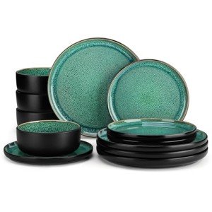 vancasso PLAYA Plates and Bowls Sets, 12 Pieces Stoneware Dinnerware Sets Dishes Set Modern kitchen Dishware Sets Service for 4, Dishwasher and Microwave Safe, Green