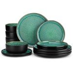 vancasso PLAYA Plates and Bowls Sets, 12 Pieces Stoneware Dinnerware Sets Dishes Set Modern kitchen Dishware Sets Service for 4, Dishwasher and Microwave Safe, Green