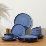 Pokini Stoneware Dinnerware Sets, Ceramic Plates and Bowls Set, Microwave & Dishwasher Safe Kitchen Dish Set, Modern Dinner Plates | Salad Plates | Cereal Bowls for 4, Dishware Sets Blue