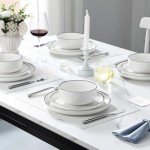 MALACASA Plates and Bowls Sets, 12 Pieces Modern Porcelain Dinnerware Set for 4 White Kitchen Dinner Dining Ware Set wtih Black Rim Ceramic Dishware Dishes Microwave and Dishwasher Safe, Series LUNA