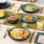 vancasso PLAYA Plates and Bowls Sets, 12 Pieces Stoneware Dinnerware Sets Dishes Set Modern kitchen Dishware Sets Service for 4, Dishwasher and Microwave Safe, Green