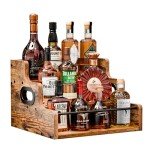 KLM Liquor Bottle Display Shelf, Coffee Syrup Rack Organizer, 3 Step Countertop Liquor Wine Rack, mini bar,liquor cabinet, Home Retro Bar Shelf Stand for Liquor Whiskey, Spirits, Brown, GL-06