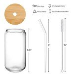 Drinking Glasses with Bamboo Lids and Glass Straw 4pcs Set - 16oz Glass Cups, Iced Coffee Glasses, Cute iced Tea Glasses, Beer Glasses, Ideal for Coffee Bar Accessories, Aesthetic Gift - 2 Brushes