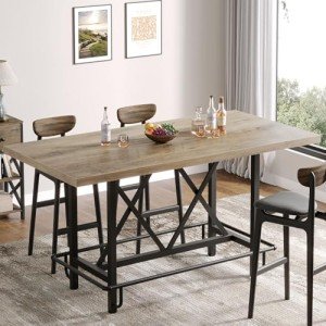 Tribesigns Bar Table, Industrial Counter Height Pub Table with Metal Footrest, 63-Inch Rectangle Wood Kitchen Dining Table with Sturdy Metal Frame for Dining Room, Home Bar (Gray)