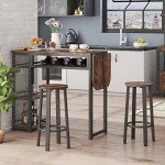 Bestier Bar Table and Chair Set, Expandable Dining Table with 2 Bar Stools, Industrial Kitchen Counter with Wine Rack & 3 Tier Adjustable Storage Shelves Rustic Brown
