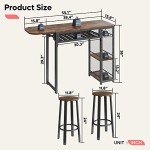 Bestier Bar Table and Chair Set, Expandable Dining Table with 2 Bar Stools, Industrial Kitchen Counter with Wine Rack & 3 Tier Adjustable Storage Shelves Rustic Brown