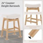 Cozyman Bar Stools Set of 3, Barstools with Sturdy Wood Legs, Saddle Seat Counter Height Bar Stools for Kitchen Counter, Bar, Dining, 24 Inch Farmhouse Counter Stools, Beige Fabric