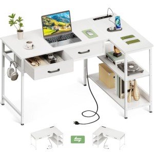 Coleshome 40 Inch L Shaped Computer Desk with 2 Drawers, Small Desk for Small Space, PC Desks, White