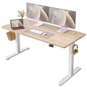 FEZIBO Electric Standing Desk Adjustable Height, 55 x 24 Inch Sit and Stand Desk, Home Office Desk, Ergonomic Workstation Computer Desk, Maple