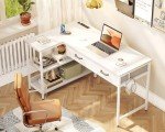 Coleshome 40 Inch L Shaped Computer Desk with 2 Drawers, Small Desk for Small Space, PC Desks, White