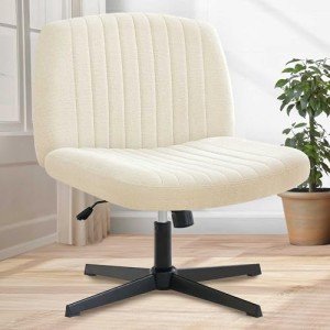 Orange Factory Criss Cross Chair No Wheels Comfy Cross Legged Office Desk Armless Wide Vanity Makeup Chair Adjustable Computer for Home Office Fabric (Beige)