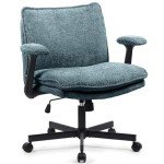 Kassipo Cross Legged Office Chair, Upholstered Criss Cross Desk Chair with Wheels and Flip-Up Armrests, Wide Seat Chair for Home Office, Vanity, Apartment, Dark Green