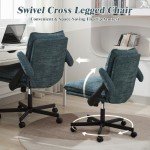 Kassipo Cross Legged Office Chair, Upholstered Criss Cross Desk Chair with Wheels and Flip-Up Armrests, Wide Seat Chair for Home Office, Vanity, Apartment, Dark Green