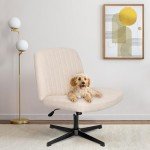 Orange Factory Criss Cross Chair No Wheels Comfy Cross Legged Office Desk Armless Wide Vanity Makeup Chair Adjustable Computer for Home Office Fabric (Beige)