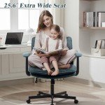 Kassipo Cross Legged Office Chair, Upholstered Criss Cross Desk Chair with Wheels and Flip-Up Armrests, Wide Seat Chair for Home Office, Vanity, Apartment, Dark Green