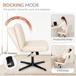 Orange Factory Criss Cross Chair No Wheels Comfy Cross Legged Office Desk Armless Wide Vanity Makeup Chair Adjustable Computer for Home Office Fabric (Beige)