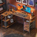 Huuger L Shaped Desk with Power Outlets, Computer Desk with 3 Drawers, 47 Inch Office Desk with Shelves, Gaming Desk, Corner Desk Work Desk for Home Office, Study, Rustic Brown