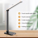 LED Desk Lamp with USB Ports,Touch Desk Lamps for Home Office with 5 Color Modes,3 Brightness Desk Light with Small Night Light,Reading Lamp Table Lamp for Bedroom Bedside Study Black （with adapter）
