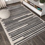 JONATHAN Y MOH207A-8 Khalil Modern Berber Stripe Indoor Farmhouse Area-Rug Bohemian Minimalistic Striped Easy-Cleaning Bedroom Kitchen Living Room Non Shedding, 8 X 10, Cream,Black