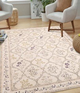 YIHOUSE 5x7 Washable Rug for Bedroom, Beige Floral Rugs for Living Room Non Slip Ultra-Thin Large Boho Rug for Kids Playroom, Classroom, Girls Dorm, Nursery, Beige Multi
