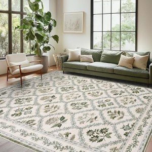 Green Floral Living Room Rug 5x8 Olive Green and Beige Area Rug Washable Bedroom, Low-Pile Soft Dining Room Farmhouse Boho Cottage Aesthetic Vintage Floor Covering Print Playroom Carpet