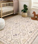YIHOUSE 5x7 Washable Rug for Bedroom, Beige Floral Rugs for Living Room Non Slip Ultra-Thin Large Boho Rug for Kids Playroom, Classroom, Girls Dorm, Nursery, Beige Multi