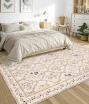 YIHOUSE 5x7 Washable Rug for Bedroom, Beige Floral Rugs for Living Room Non Slip Ultra-Thin Large Boho Rug for Kids Playroom, Classroom, Girls Dorm, Nursery, Beige Multi