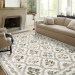 Green Floral Living Room Rug 5x8 Olive Green and Beige Area Rug Washable Bedroom, Low-Pile Soft Dining Room Farmhouse Boho Cottage Aesthetic Vintage Floor Covering Print Playroom Carpet