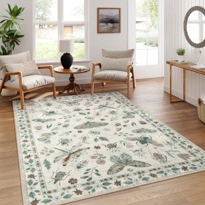 Lahome Insect Print Washable Rugs for Living Room, Soft 6x9 Area Rugs for Bedroom, Ultra-Thin Non Slip Modern Area Rug Low Pile Stain Resistant Throw Carpet for Dining Room Office(6'x9',Beige)