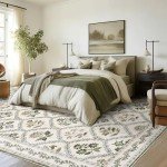Green Floral Living Room Rug 5x8 Olive Green and Beige Area Rug Washable Bedroom, Low-Pile Soft Dining Room Farmhouse Boho Cottage Aesthetic Vintage Floor Covering Print Playroom Carpet