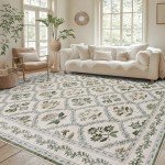 Green Floral Living Room Rug 5x8 Olive Green and Beige Area Rug Washable Bedroom, Low-Pile Soft Dining Room Farmhouse Boho Cottage Aesthetic Vintage Floor Covering Print Playroom Carpet