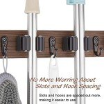 OUTNILI Mop and Broom Holder Wall Mount - Rustic Wood Broom Mop Hanger - Wall Mounted Garden Tool Rack Organizer for Closet Garage Laundry Room Kitchen Decor With 4 Slots & 4 Hooks