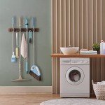 OUTNILI Mop and Broom Holder Wall Mount - Rustic Wood Broom Mop Hanger - Wall Mounted Garden Tool Rack Organizer for Closet Garage Laundry Room Kitchen Decor With 4 Slots & 4 Hooks