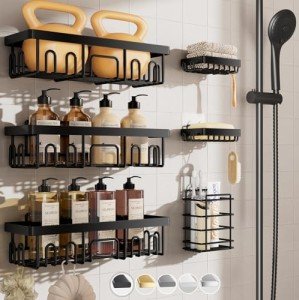 Veken Stainless Steel Shower Caddy 6-Pack, Adhesive Rustproof Shelves Rack with Soap Holder, Large Capacity Bathroom Organizers and Storage, No Drilling Wall-Mounted Kitchen & Home Decor, Bath Decor