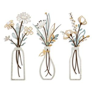 Pigort 3 Pieces Metal Flowers Wall Arts - Rustic Farmhouse Decor Beige Minimalist Flower Wall Decors for Living room Bathroom Bedroom Dining Room-Housewarming Gifts (Beige, Vase-C)