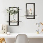 PHOENANCEE Square Floating Shelves Black,Framed Hanging Shelf for Wall Set of 2,Decorative Modern Chic Plants Decor for Living Room Bedroom Bathroom Home Office,Soild Wood,L+S