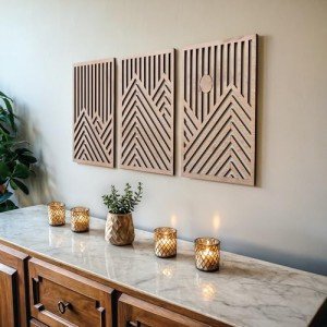 qmmp Modern Wooden Wall Sculptures - Set of 3 - MDF - Oak - Home Decor Accent - Large Wall Art for Living Room, Bedroom, Office - Easy Installation (Oak, Medium - Mountain and Sun, Unframed)
