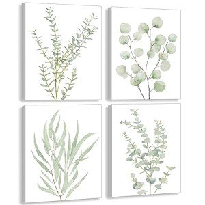 Erctoo Botanical Plant Canvas Wall Art, Framed Boho Wall Decor for Bathroom, Minimalist Aesthetic Bedroom Wall Art, Sage Green Eucalyptus Leaf Prints for Office, Set of 4PCS, 8”X10”