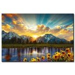 Nature Mountain Wall Art Sunset Picture Wall Decor for Living Room Grand Teton Sunflower Landscape Canvas Prints Painting National Park Poster Sunrise Lake Scenic Artwork Kitchen Decoration 12x16”