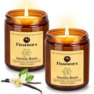 Fissiworx Vanilla Scented Candle Set 2 Pack, Candle for Home Scented, Odor Eliminating, Stress Relief, 15oz, 110 Hours Long Lasting Soy Wax Gift Set for Women