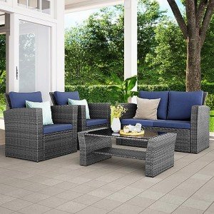 Wisteria Lane 4 Piece Outdoor Patio Furniture Sets, Wicker Conversation Set for Porch Deck, Grey Rattan Sofa Chair with Cushion （Blue