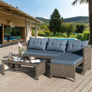 Shintenchi Outdoor Patio Furniture Sets, Wicker Patio sectional Sets 3-Piece, All Weather Wicker Rattan Patio Seating Sofas with Glass Coffee Table and Cushion (Blue)