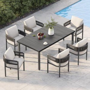 Grand patio Outdoor Dining Set for 6, 7 PCS Patio Table and Chairs Set, Metal Woven Wicker Fixed Patio Chairs with Thickened Cushions & 1 Rectangular Woodgrain Dining Table with Umbrella Hole (Black)