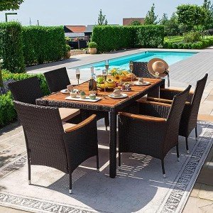 Devoko Dining 7 PCS Furniture, Patio Conversation Set with Acacia Wood Table Top, Rattan Outdoor, Black