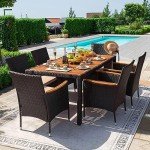 Devoko Dining 7 PCS Furniture, Patio Conversation Set with Acacia Wood Table Top, Rattan Outdoor, Black