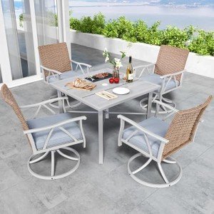 YITAHOME 5-Piece Outdoor Patio Dining Sets, Elegant Wicker Furniture with 4 Swivel Dining Chairs & 2" Umbrella Hole Wood-Grain Table for Garden, Patio, and Balcony