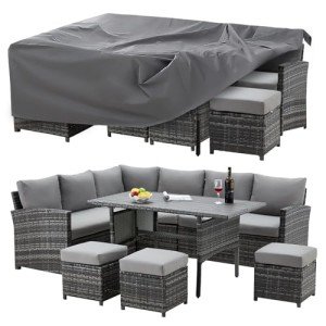 U-MAX Patio Furniture Set with Cover, 7 PCS Outdoor Sectional Conversation Set, All Weather Wicker Rattan Sofa Couch with High Dining Table & Ottoman, Grey