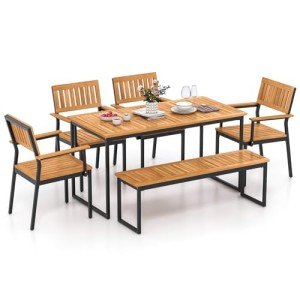 Tangkula 6 Pieces Outdoor Acacia Wood Dining Set, Patio Table and Chairs Set with Bench for 6-7 People, Outdoor Dining Furniture Set with 2" Umbrella Hole for Garden, Backyard and Poolside