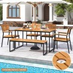 Tangkula 6 Pieces Outdoor Acacia Wood Dining Set, Patio Table and Chairs Set with Bench for 6-7 People, Outdoor Dining Furniture Set with 2" Umbrella Hole for Garden, Backyard and Poolside